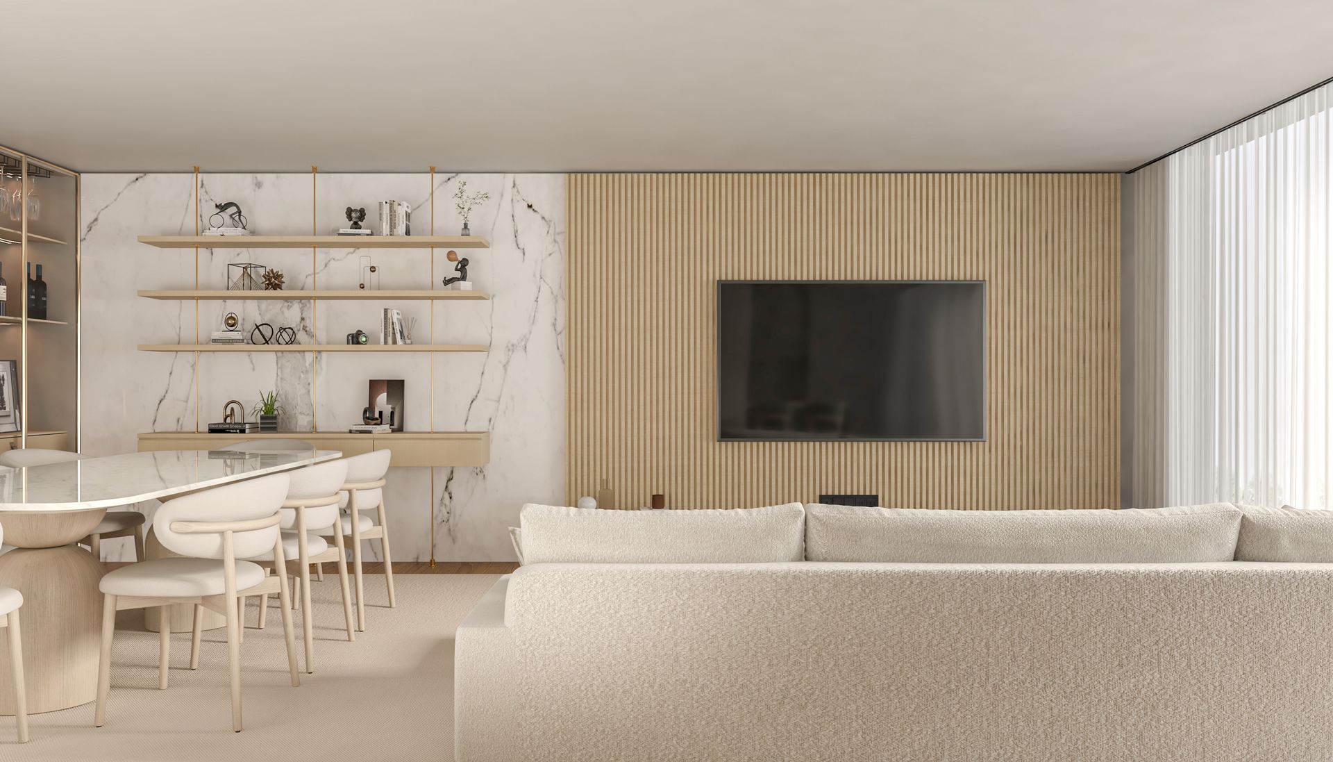 Salón conectado con cocina en vivienda reformada, luminoso y de estilo contemporáneo